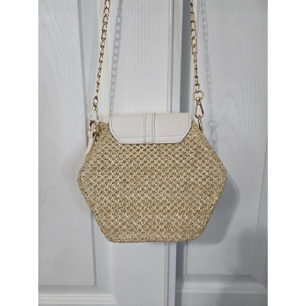 Woven Straw Hexagon Crossbody Bag White Faux Leather Flap Gold Tassel Chain